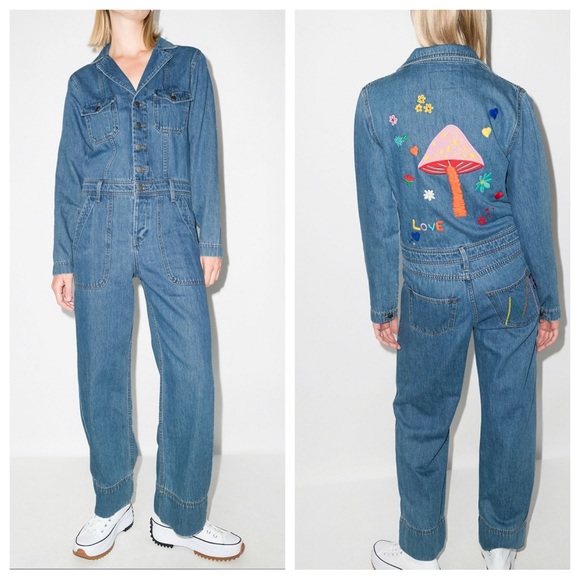 Mira Mikati Pants - Mira Mikati Embroidered Love/Mushroom Long-Sleeve Denim Jumpsuit